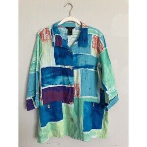 Ali Miles 100% Linen Blouse Tunic MEDIUM Colorful Graphic Print Button Front
